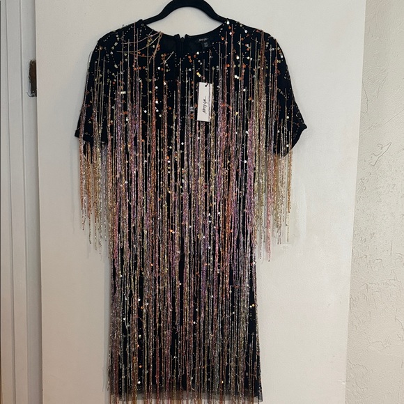 Nasty Gal Black Mini Dress with Gold & Pink Sequin Fringe - Picture 2 of 7